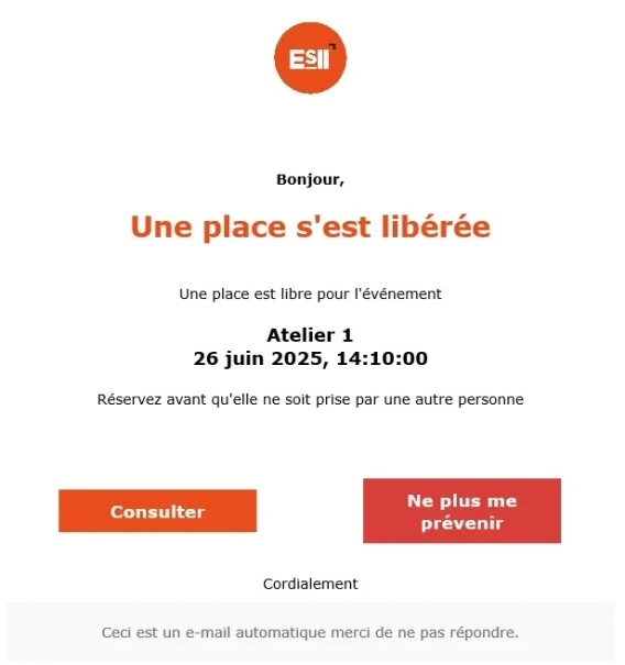 Evenement reservation inscription liste attente place liberee