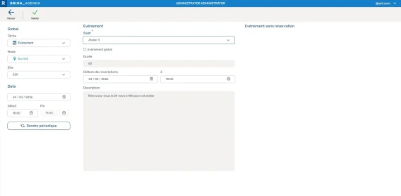 Creneau evenement sans reservation agenda